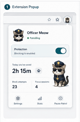 Officer Meow browser extension popup showing targets and patrol status