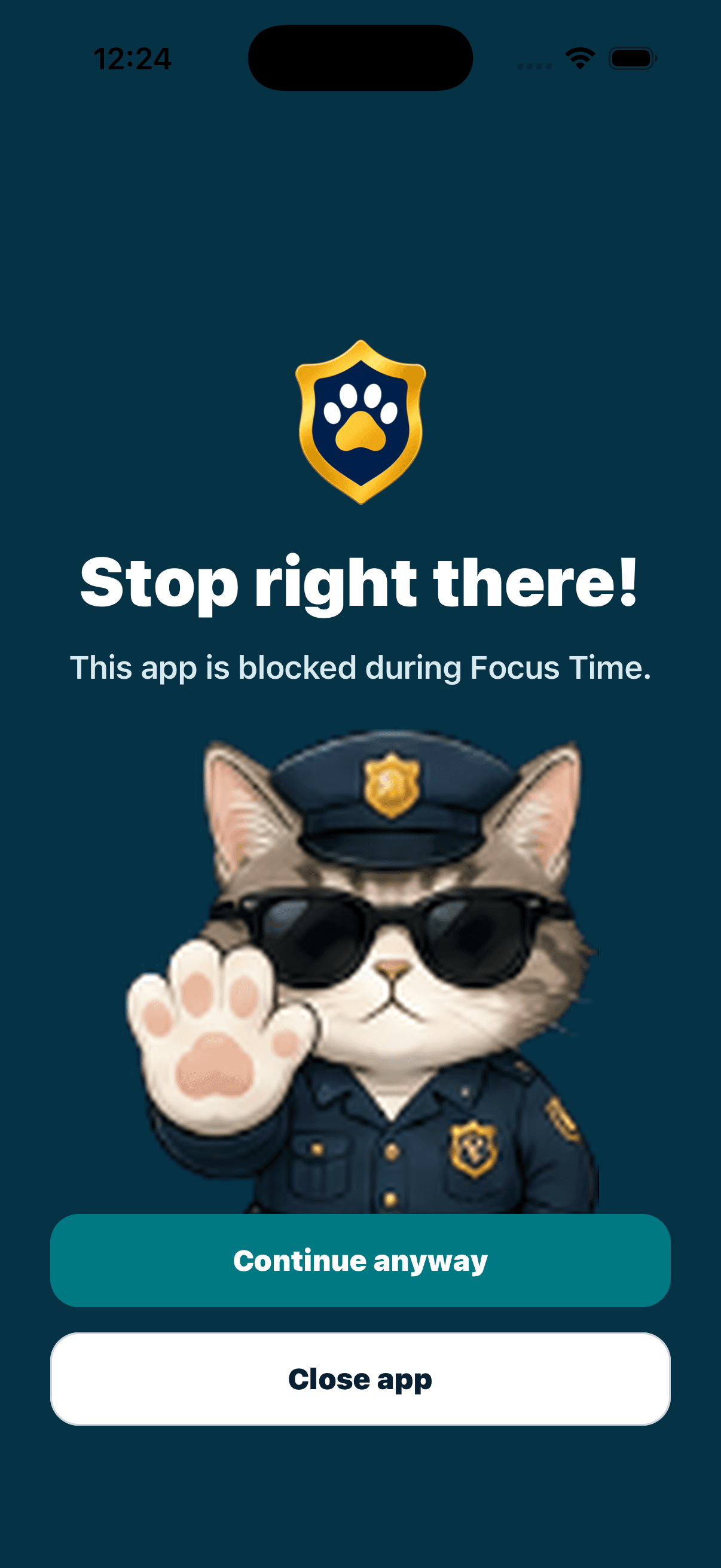 Officer Meow mobile blocked screen showing the continue or close decision